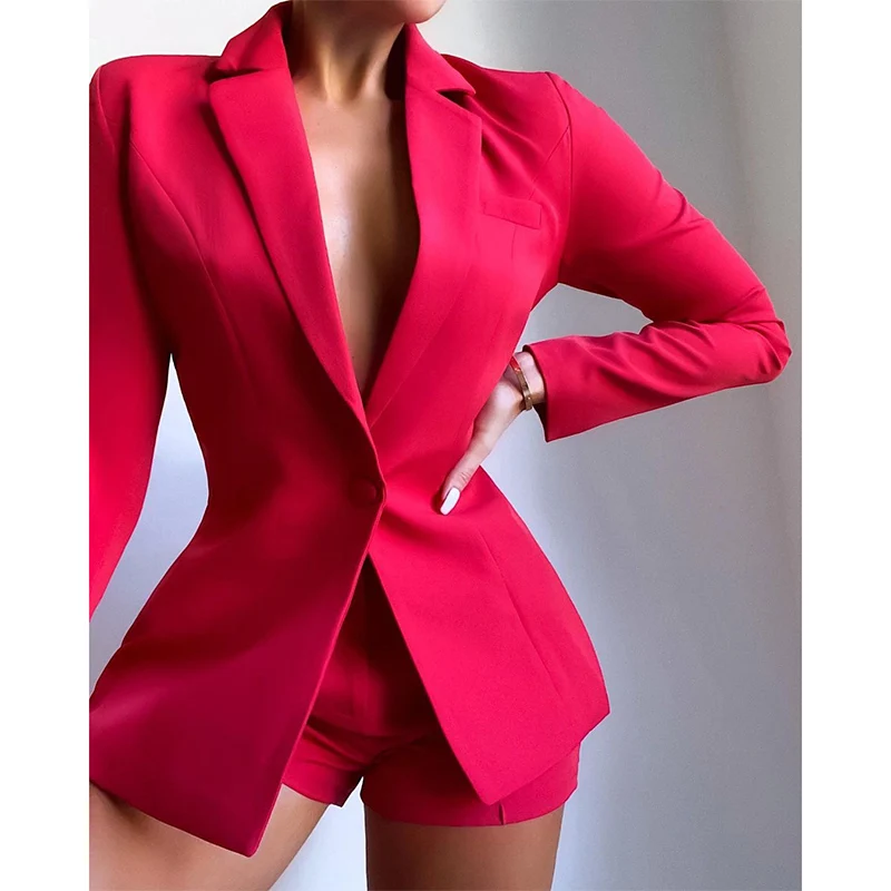 

Foridol Blazer Shorts Two Pieces Set Suits Elegant Office Ladies Fashion Matching Sets Rose Red Spring Autumn Blazer Jackets