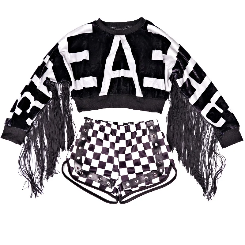 Popular Girls Stage Costume Jazz Tassel Dancing Outfits Children Hip Hop Set Mosaic Kid Street Dance Performance Clothing |