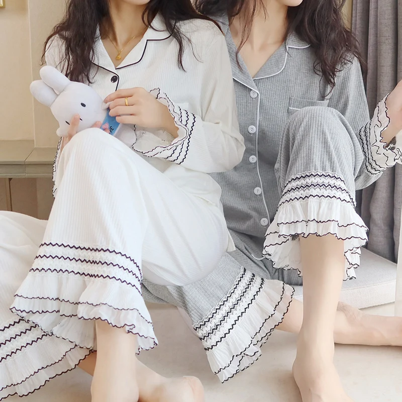 

2021 Spring Autumn Long Sleeve Cotton Pajama Sets for Women Korean Fashion Sleepwear Pyjamas Homewear Pijama Mujer Home Clothes