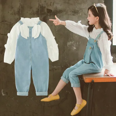 Комплект одежды для девочек элегантная рубашка + джинсовый комбинезон детская