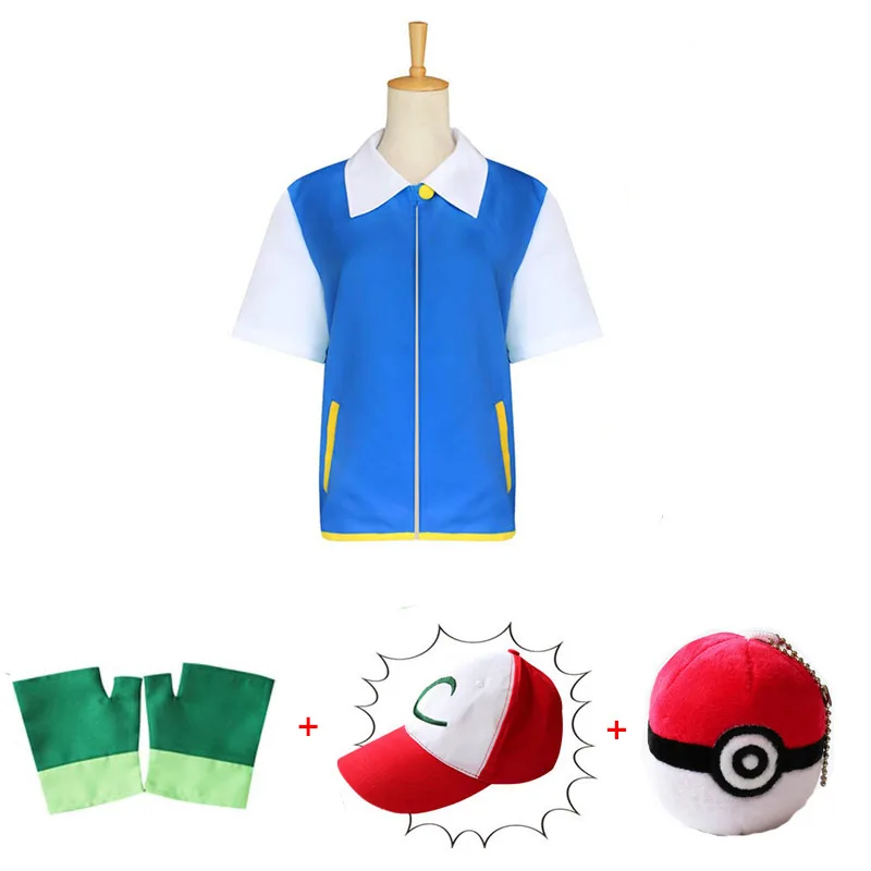 4Pcs Sets POKEMON Ash Ketchum голубой костюм для косплея куртка+ перчатки+ шляпа+ шары Карманный Монстр пепел Кетчум костюмы аниме косплей реквизит - Цвет: 4Pcs Sets