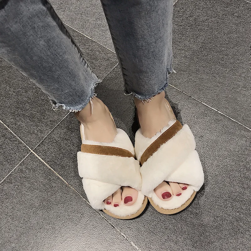 

Winter Furry Women Home Slippers Fashion Cross Fur Warm Indoor Shoes House Slip on Flats Female Home Slides Plush Slippers