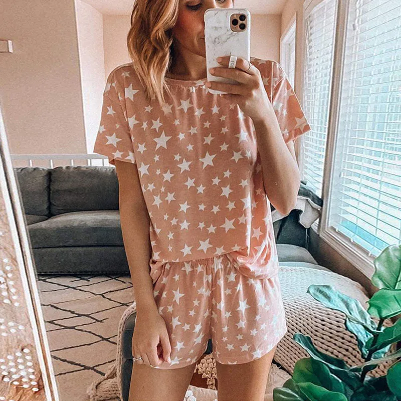 SeeBest Star Print Tee Shorts Pajamas Set Women Lazy Comfy Loungewear Homwear Sleepwear Women Summer 2020 Pajams Set Casual Lazy