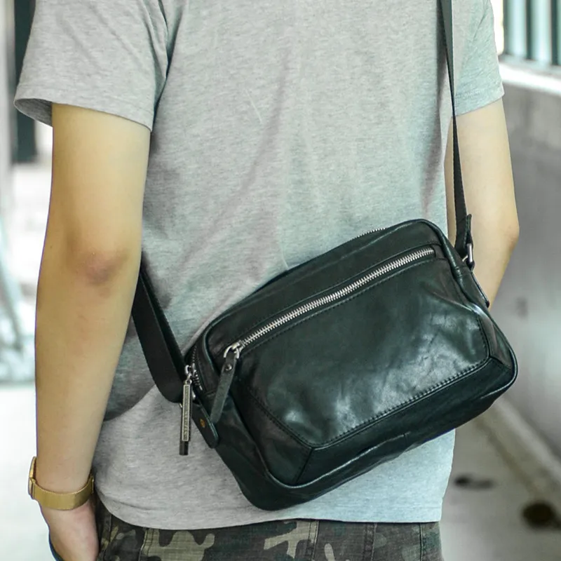 Simple casual luxury natural genuine leather men's black messenger bag outdoor daily party first layer cowhide shoulder bag