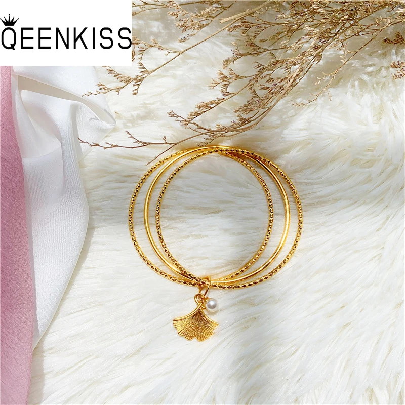 

QEENKISS BT5274 Fine Jewelry Wholesale Fashion Woman Girl Bride Birthday Wedding Gift Leaves Ginkgo 24KT Gold Bracelet Bangle