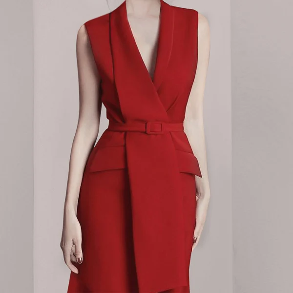 High Quality Spring Women's Vintage Vest Red Blazer Dress Ladies Sexy V-Neck Sleeveless Tank Elegant Office Party Long Dresses | Женская
