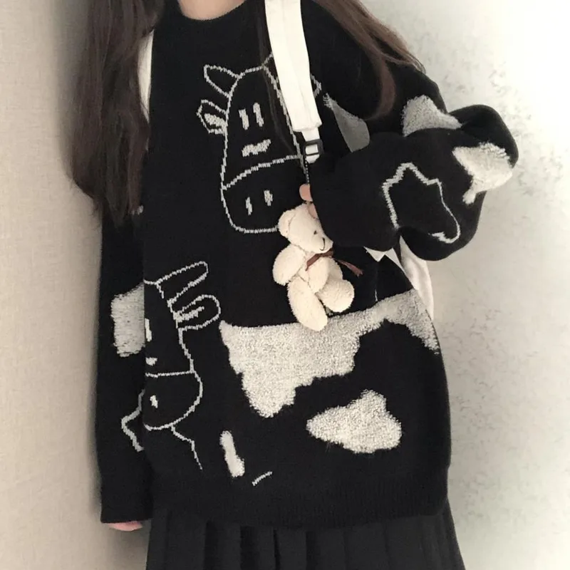 Рождественский свитер из коровьей кожи женская одежда Свободная трикотажная Kawaii