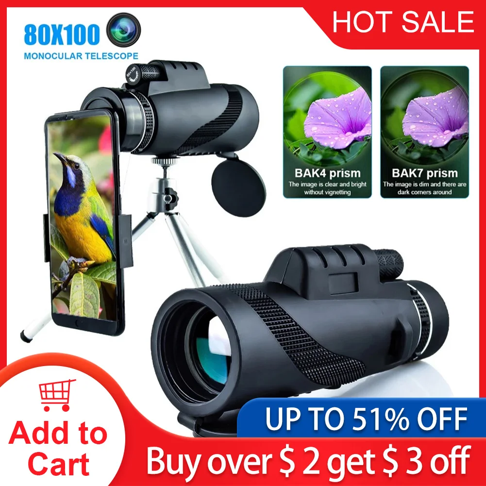80X100 Hd монокуляр Telefoon Camera Zoom Starscope Statief Clip для наружного кемпинга охоты |