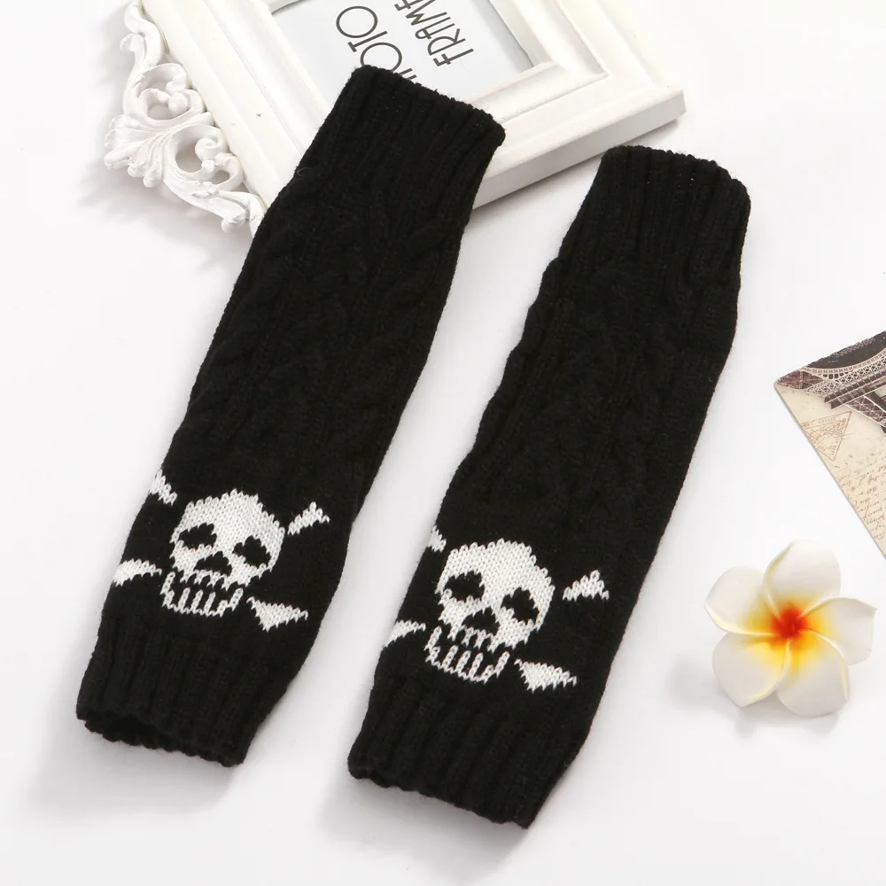 

EMO Style Men and Women Winter Gloves Cartoon Winter Twist Knitted Wool Warm Half Finger Gloves Accessories Punk Skull Gloves