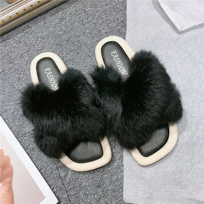 Шлепанцы женские с натуральным лисьим мехом летние сандалии пушистые