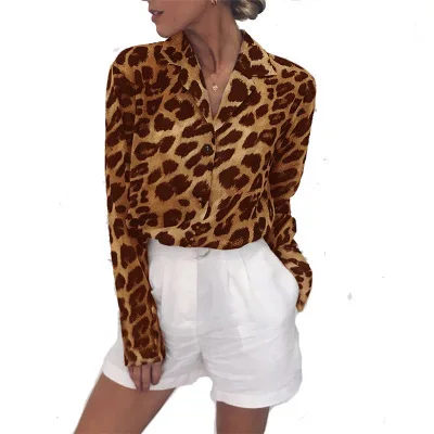 

Spring and Autumn Long Sleeve Casual Leopard Print V-neck Chiffon Ladies Top