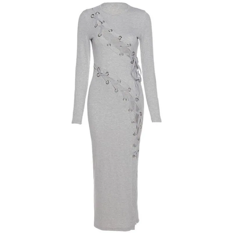 

Fashion Ribbed Hollow Out Lace Up Sexy Slit Dresses Women Long Sleeve 2020 Autumn Winter Party Clubwear Midi Dress Clothing