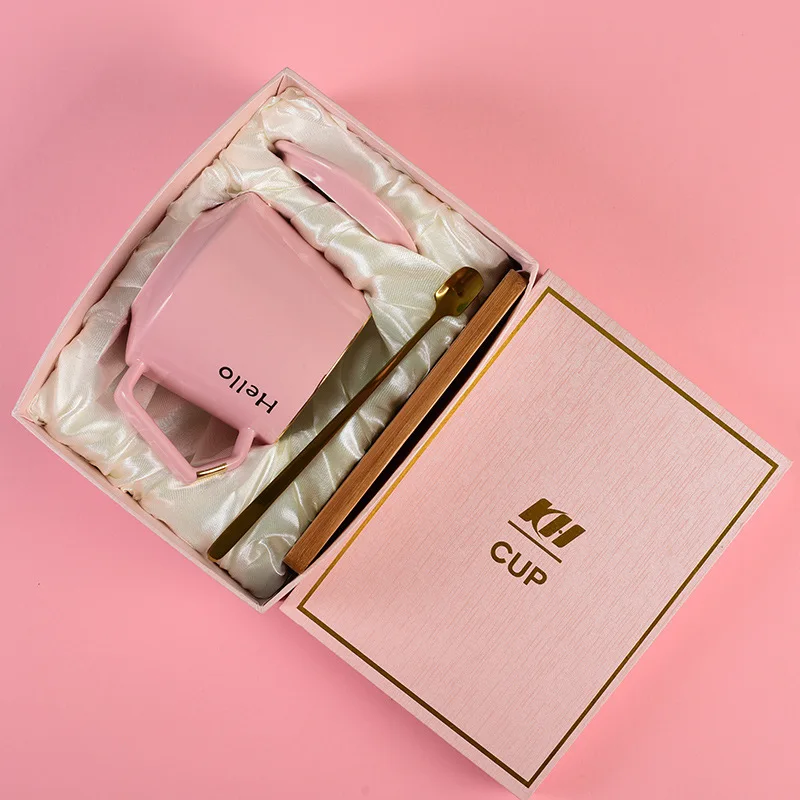 Ceramic Mug Creative Coffee Cup Set Couple With Lid Spoon Wooden Plate Gift Box 370ml large capacity |