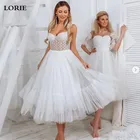 Тюлевое ТРАПЕЦИЕВИДНОЕ Короткое свадебное платье LORIE цвета слоновой кости в горошек, простые платья невесты на бретелях-спагетти, платья до середины икры для вечеринки, 2021