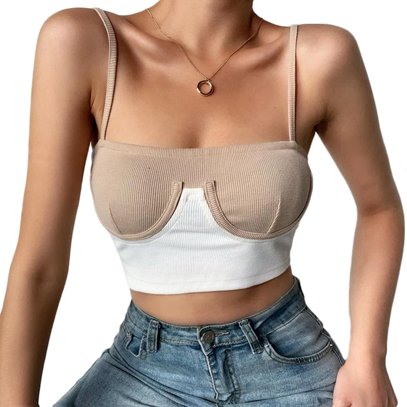 

2021 summer women Insta cami top rib knit bikini patchwork slash neck slim skinny backless crop top casual fashion strap tops