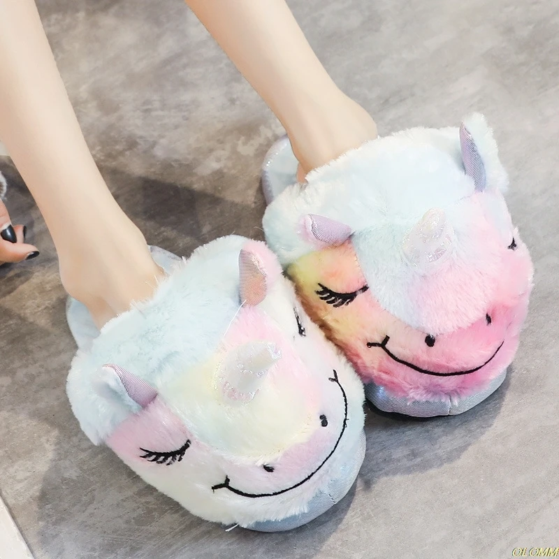 

2020 new cute colorful velvet unicorn plush shoes women home indoor winter rainbow unicorn slippers Waterproof non-slip shoes