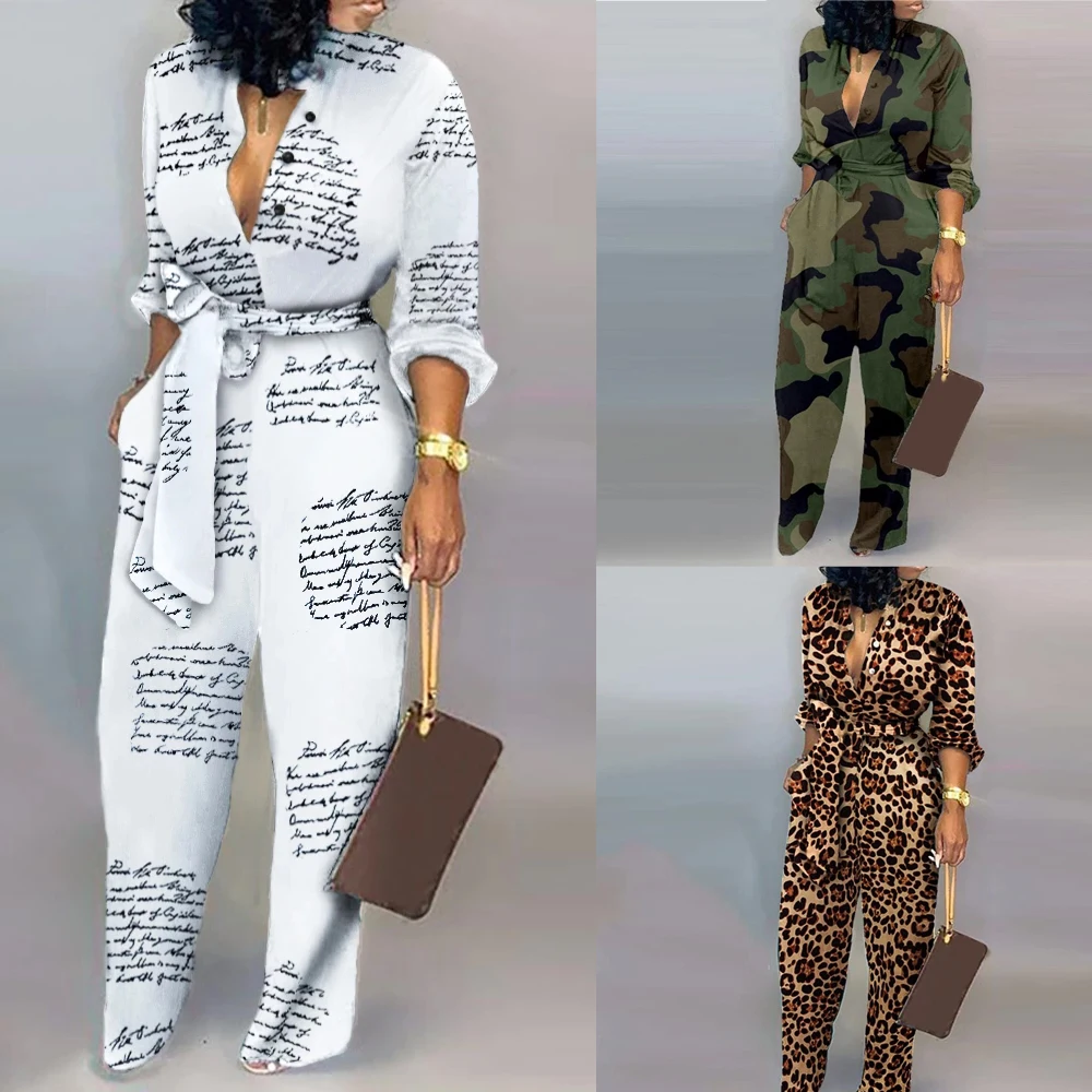 

Women Long Sleeve Letters Printed Jumpsuit Deep V Neck Loose Wide Leg Rompers Fashion Camouflage Sexy Belt Casual Overalls D30