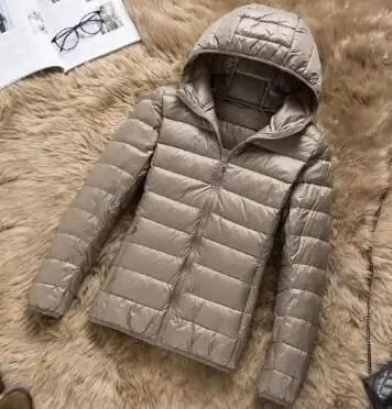 khaki with hat Новинка, Женская Весенняя парка, куртка, пальто, теплый ультра светильник, пуховик на утином пуху, Женская куртка, тонкое однотонное пальто, женские парки - Цвет: khaki with hat