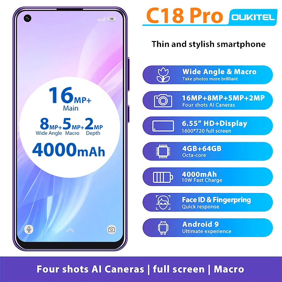 OUKITEL C18 Pro 6 55 &quotAndroid 9 0 MT6757 4 Гб 64 16MP камеры смартфона 1600*720 4000 мАч Восьмиядерный