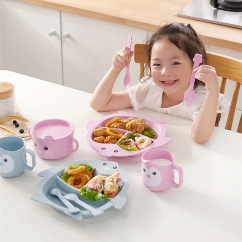 Children's tableware set bowl spoon fork feeding training meal cartoon creative car animal anti-scalding wheat straw plate | Мать и