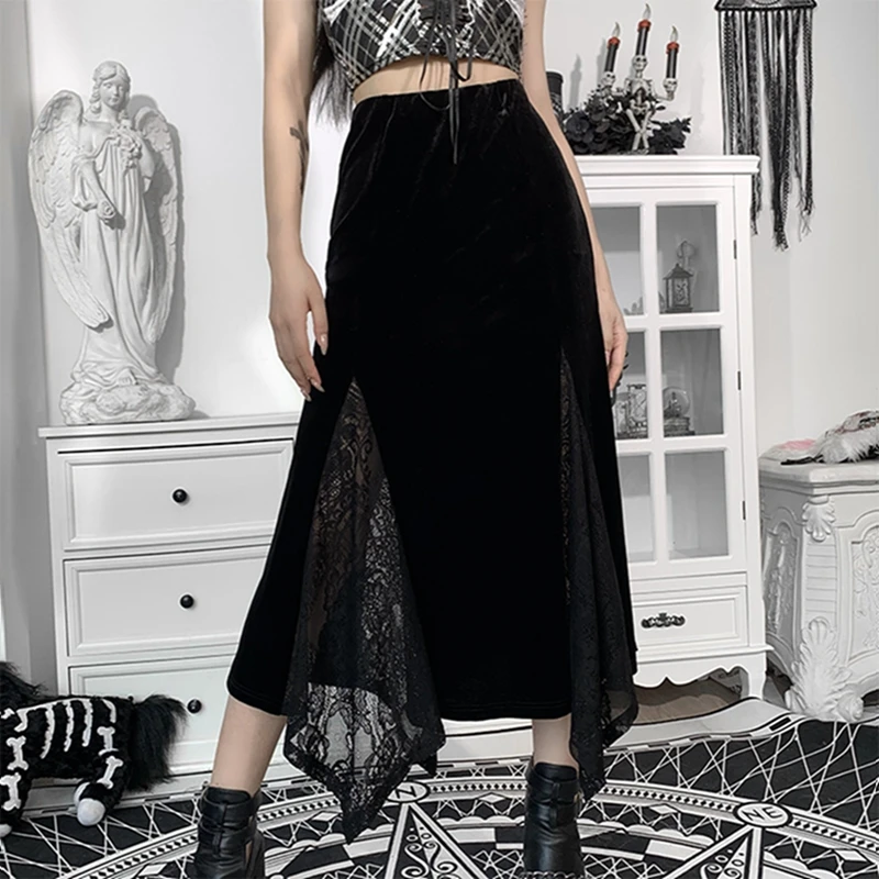 

Women's High Waist Midi Skirts Vintage Solid Color Lace Patchwork Slim Fit Long Skirts