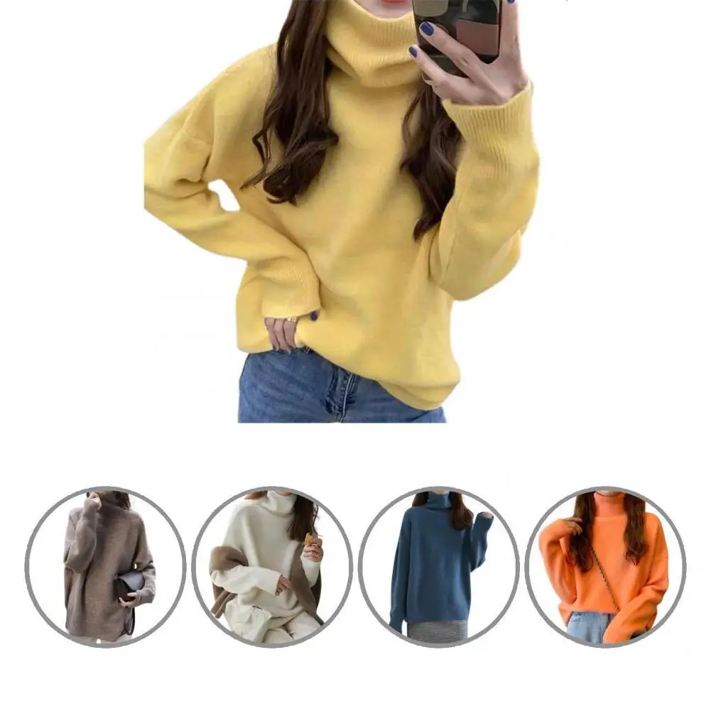 

Зимний свитер, однотонный, дышащий, теплый, водолазка, свободный, Женский вязаный пуловер, вязаный Топ для работы