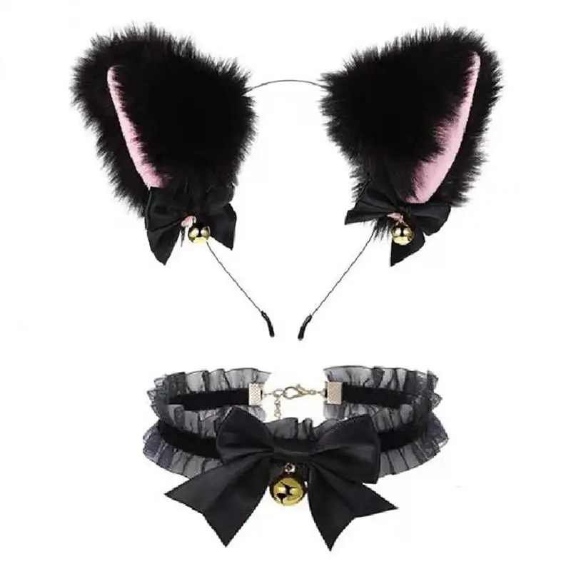 

Хэллоуин Плюшевые Пушистые кошачьи уши повязка на голову и сердца чокер Колокольчик Ожерелье косплей реквизит для вечеринки
