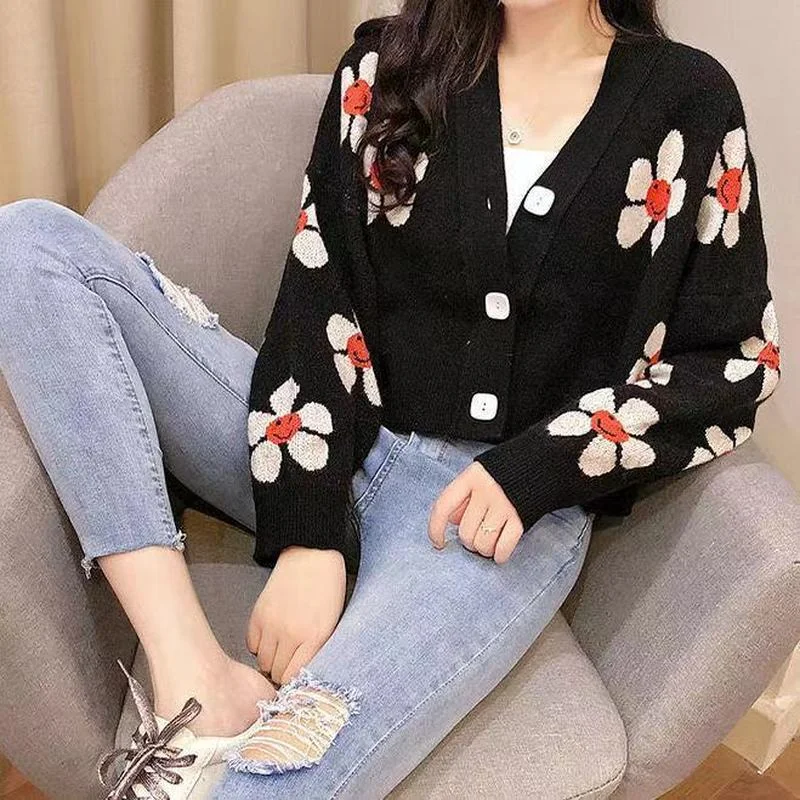 

2021 Vintage Flower Knit Cardigans Sweater y2k Women Autumn Winter V Neck Loose Elegant Sweater Coat Female Casual Thick Clothes