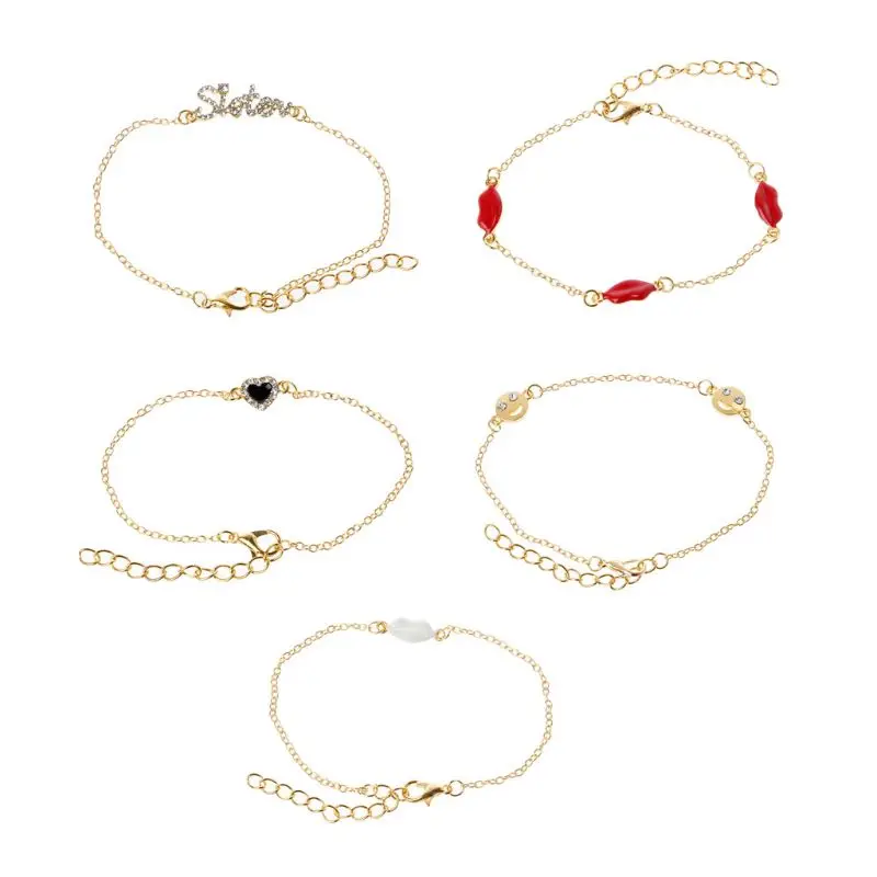 5Pcs Women Sweet Lips Sisters Crystal Inlaid Gold Chain Bracelet Kit Jewelry Set | Украшения и аксессуары