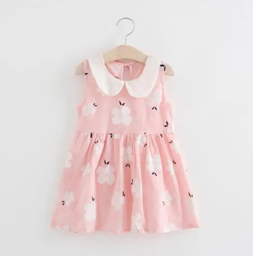 Pink Одежда для девочек; летние детские Платья с цветочным рисунком; хлопковый жилет с воротником «Питер Пэн»; платье трапециевидной формы без рукавов - Цвет: Pink