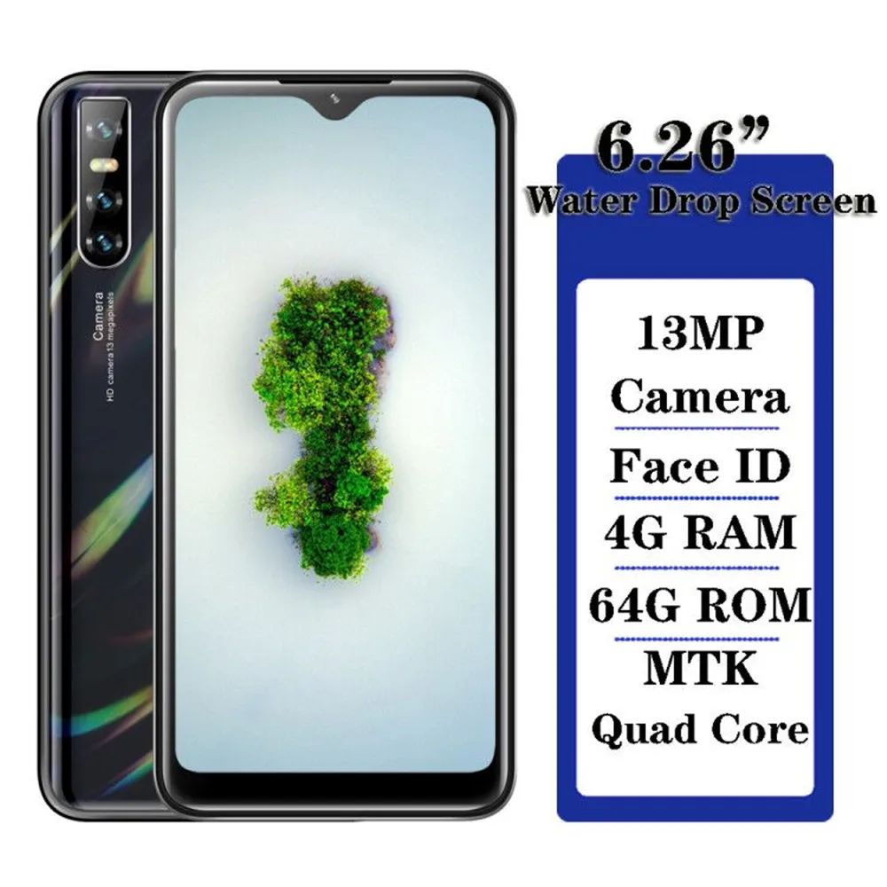 

Water drop big screen Note10 13MP smartphones 4GB RAM 64GB ROM Quad core 6.26'' Face ID unlocked Android mobile phones celulares