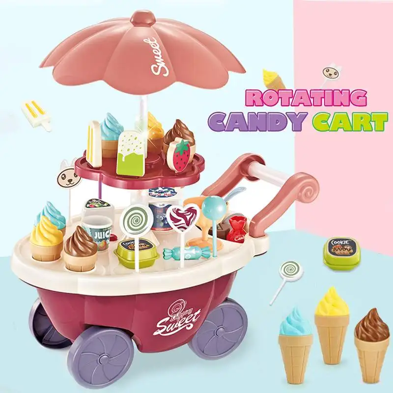 

360 Rotation Candy Trolley Pretend Play Food Dessert and Cash Trolley Set Toys with Music and Lighting Toys for Kids Girl