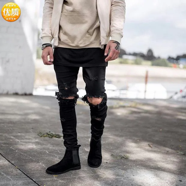 

Cross Border High Street Men's Jeans Big Damage Slim Fit Jeans Trendy Men's Knee Pants With Holes