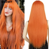 nicesy orange long straight with bangs synthetic wig 26 inch for white black women daily wear high temperature fibers