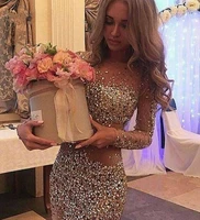 luxury champagne long sleeves beading crystal short mini prom dress 2020 sheath sparkling birthday party gowns robe de soriee
