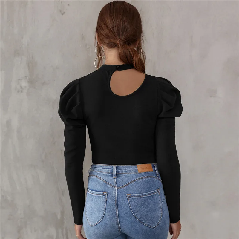 

Sexy Fashion Women T-shirts 2020 Autumn O-neck Puff Sleeves Hollow Out Slim Tops for Ladies