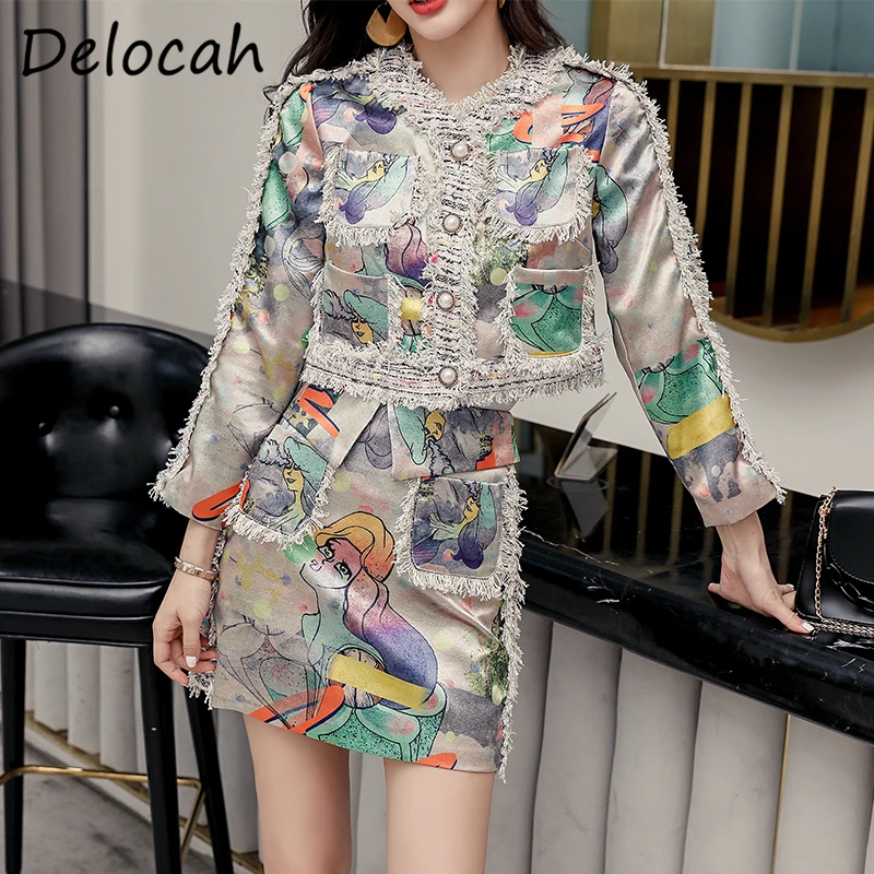 

Delocah женский летний модный подиумный комплект юбок топ с рукавами и карманами + юбка средней длины с высокой талией комплект из 2 предметов