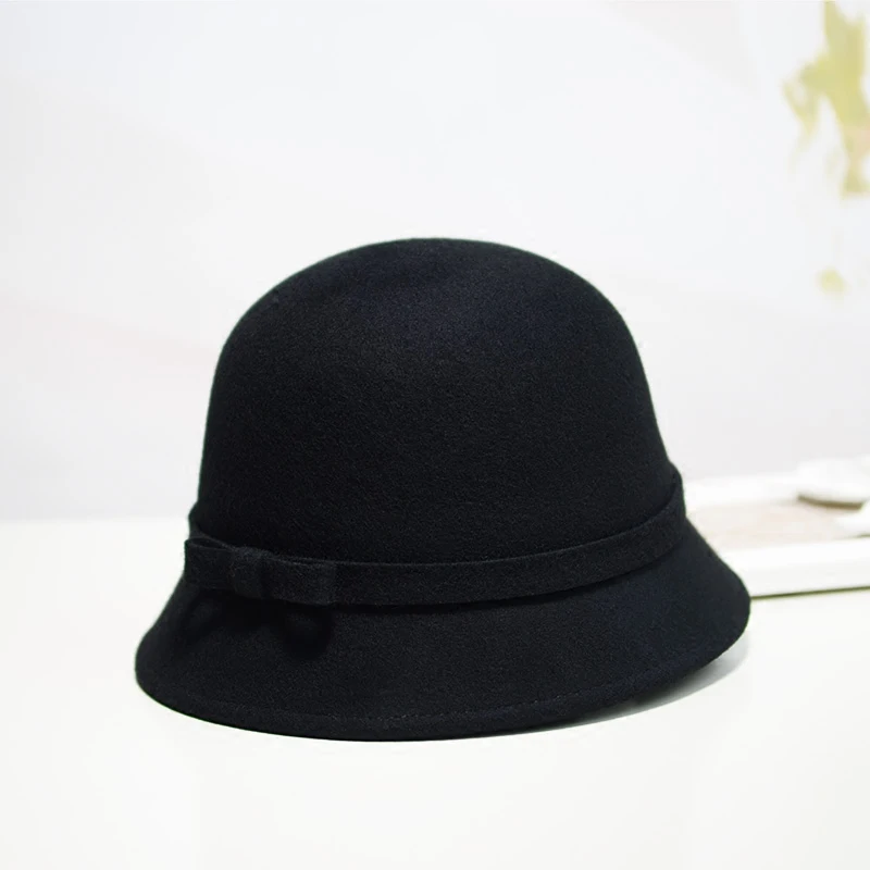 in the spring and autumn winter wool bucket hat with  bow dome for women basin of Europe and the United States