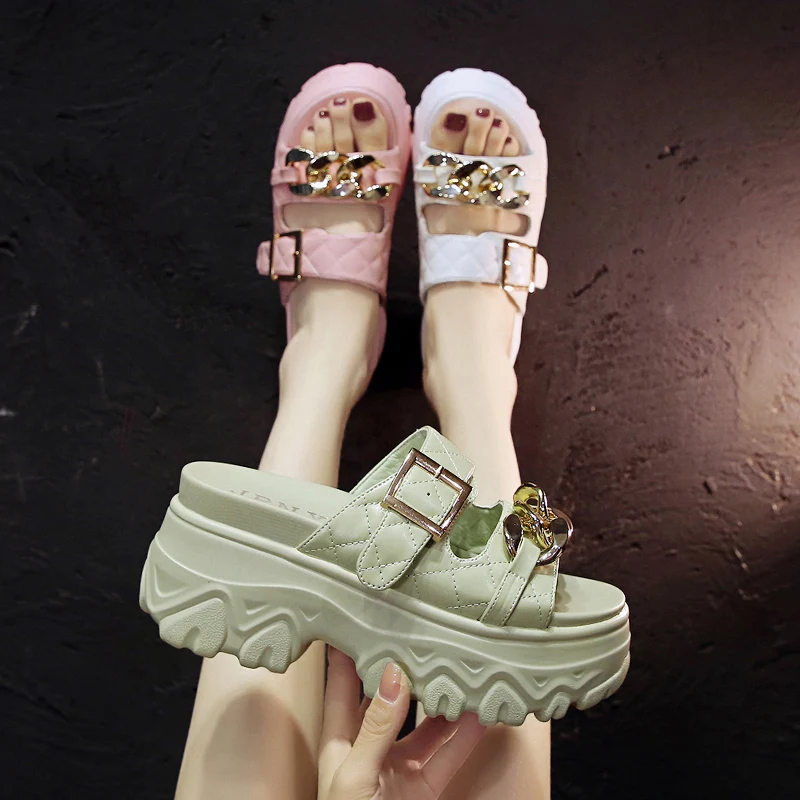 

Slippers Women Summer Female Shoes Heeled Mules Slides Platform Fashion Rivet 2021 High Beach Flat Luxury PU Metal Decoration
