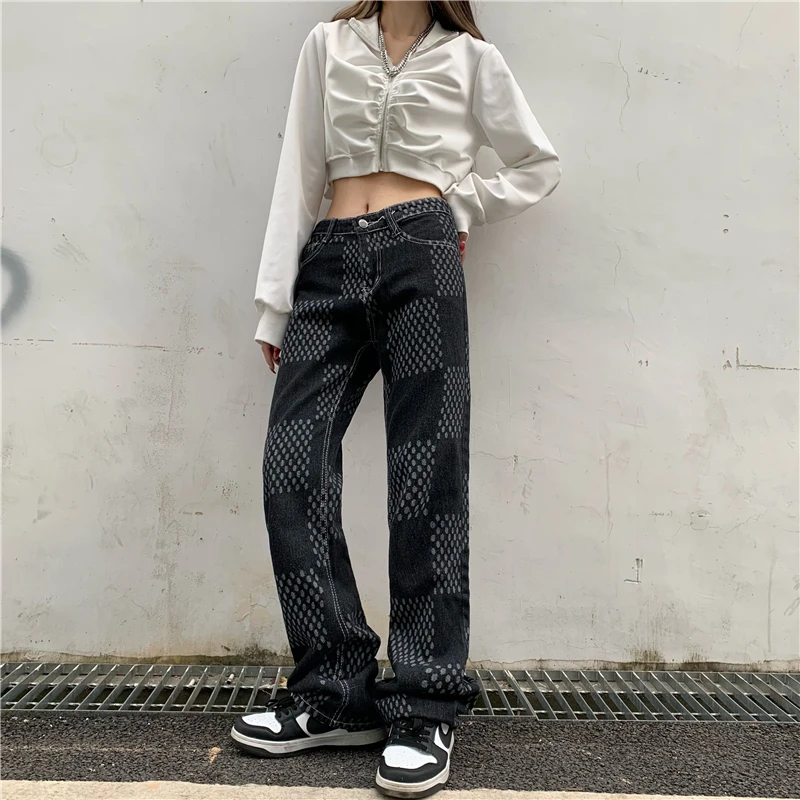 

Plaid Print Pants Women's Mid Waist Wide Leg Jeans Straight Loose Casual Denim Trousers Boyfriend Fashion Bottoms Y2k Streetwear