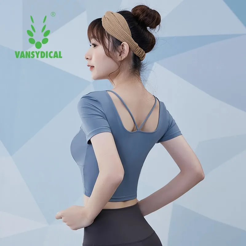 

Vansydical Women Mesh Sports Tops Short Sleeve Yoga Shirts Slim Running Fitness T-Shirts Summer Quick Dry Beautiful Back Tops