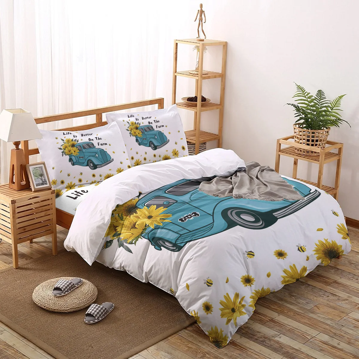 

American Country Style Sunflower Blue Truck Duvet Cover Pillow Case Bed Sheet Boy Kid Teen Girl Bedding Set King Queen Twin Full