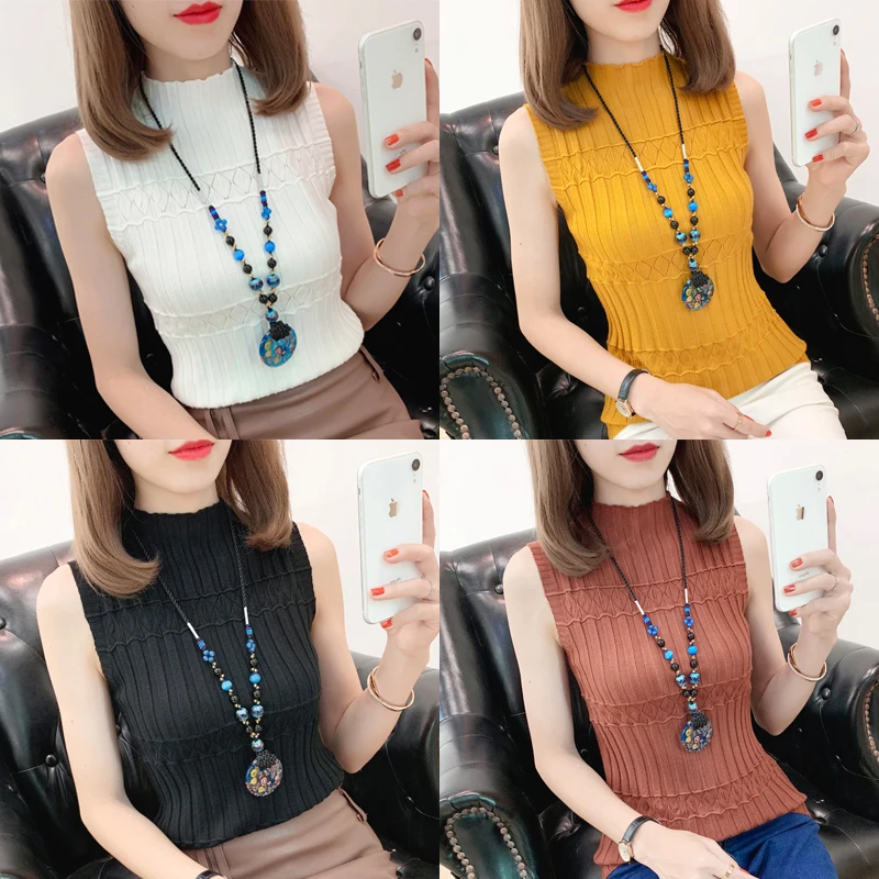 

Новый Ретро камзол без рукавов трикотажная рубашка выдалбливают сплошной цвет джемпер женский топ