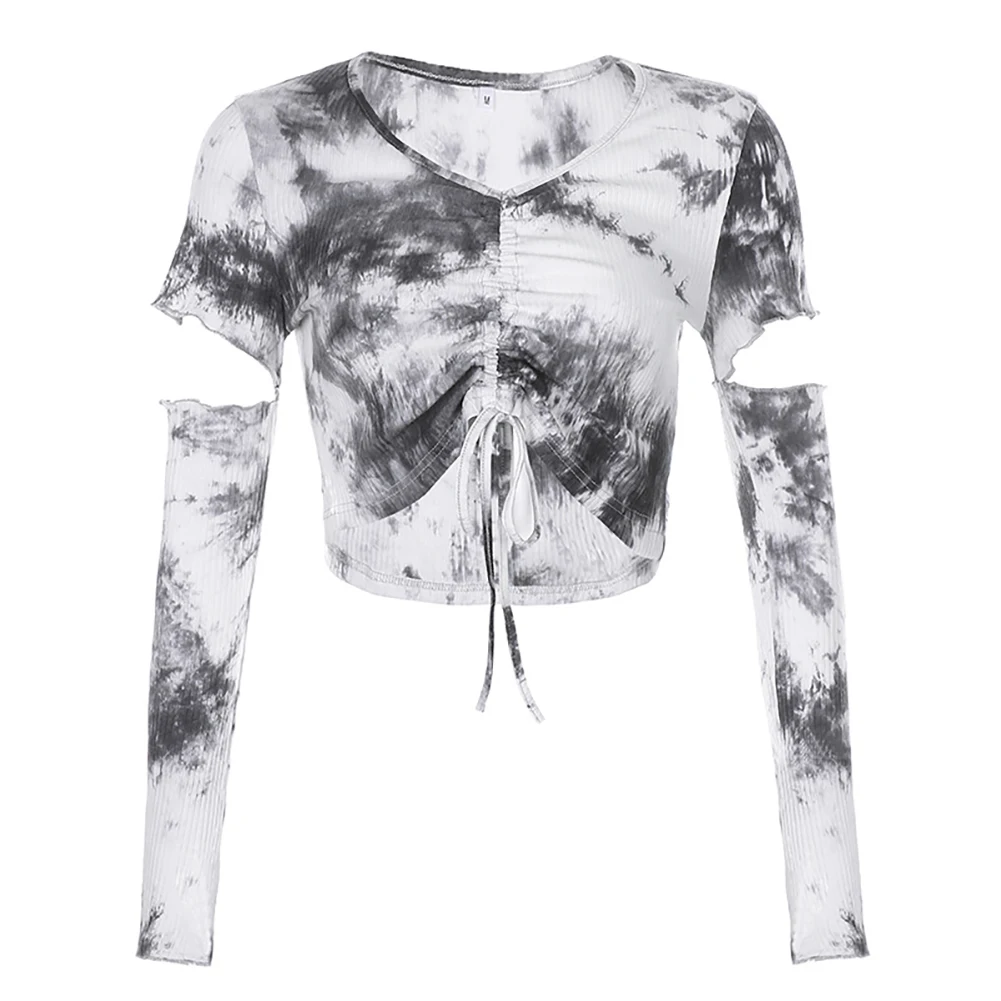 

Fashion Women Tie Dye Front Drawstring Slim Blouse Separate Sleeve Crop Top