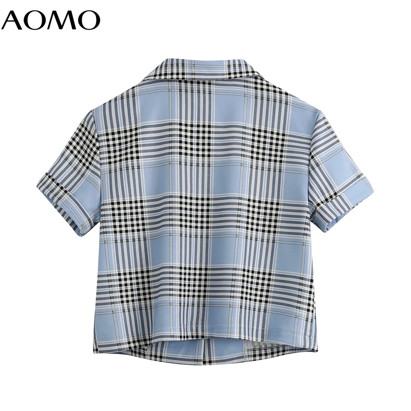 

AOMO women retro blue plaid print crop shirt short sleeve 2020 summer chic female slim shirt tops BE669A