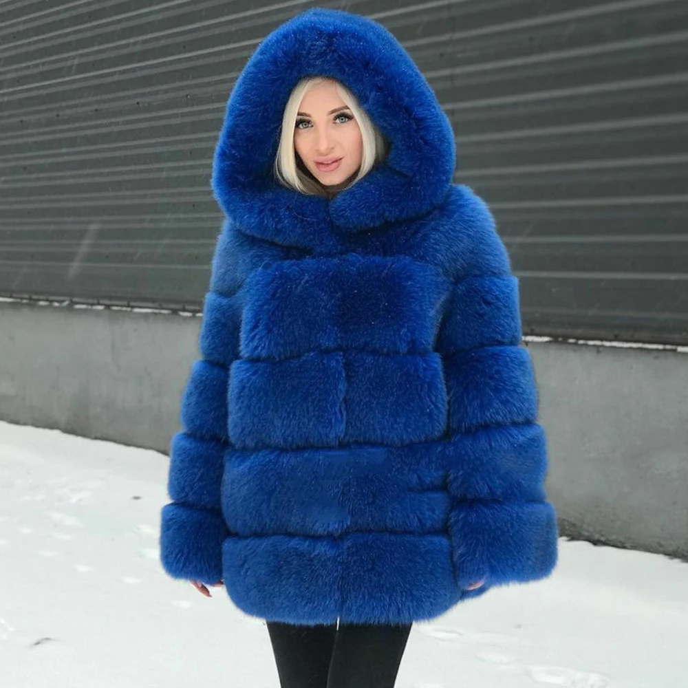Medium Length Real Fox Fur Jacket with Big Hood Thick Warm Fur Overcoat Woman Natural Whole Skin Genuine Fox Fur Coat Female