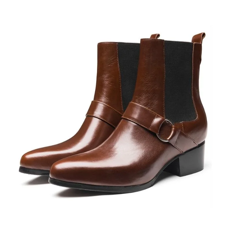 

Autumn Winter Genuine Leather Chelsea Ankle Boots Men High Heels Brown Black Warm Snow Boots Business Dress Office Work Boots