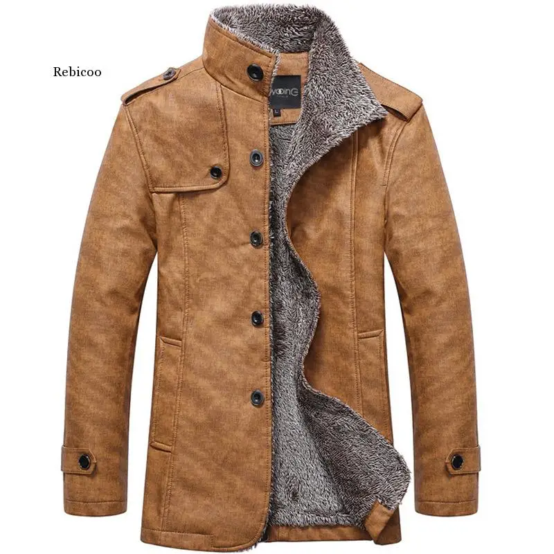 

Winter Warm Smart Casual Jacket Men Solid Long Sleeve Faux Pu Leather Coat Stand Collar Thick Slim Fit Men Jacket Trench Coats