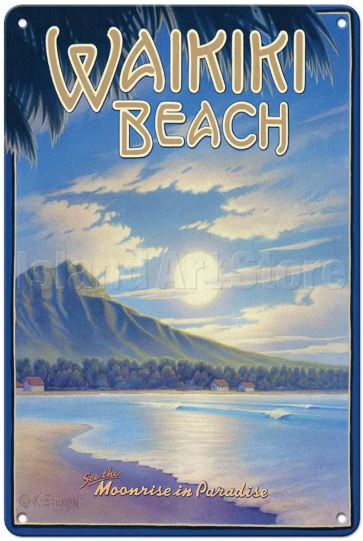 

NINGFEI Waikiki Beach, Hawaii - Kerne Erickson - Vintage Travel Poster Metal Tin Sign Retro Wall Home Bar Pub Vintage Cafe