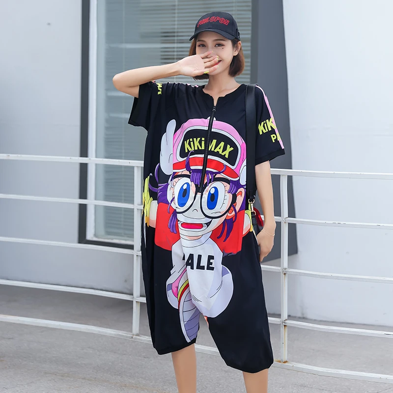 Женский тонкий комбинезон на молнии Свободный с коротким рукавом и мультяшным